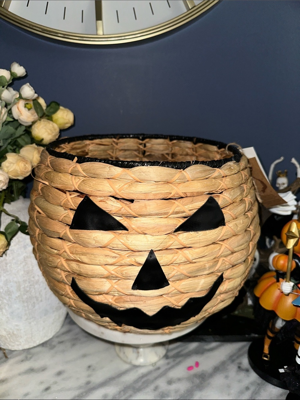Handwoven Pumpkin Jack-O'-Lantern Basket - Natural with Black Accents Large